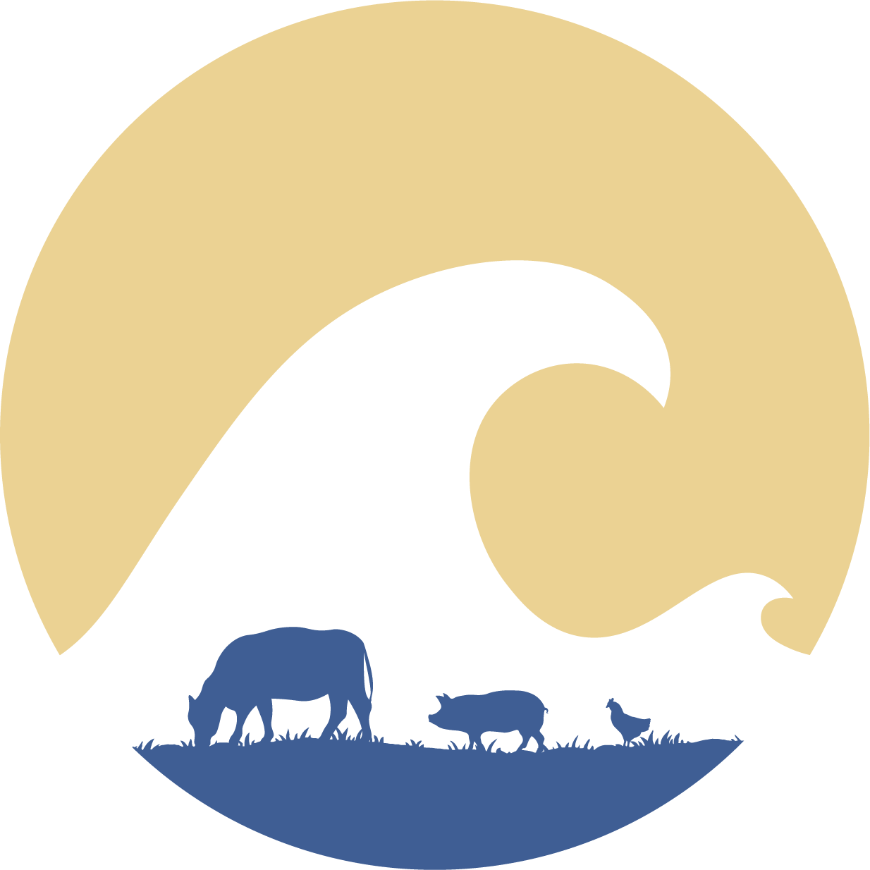Silhouette of a cow, pig, and chicken grazing on grass with a stylized wave in the background, representing a harmonious connection between agriculture and nature.